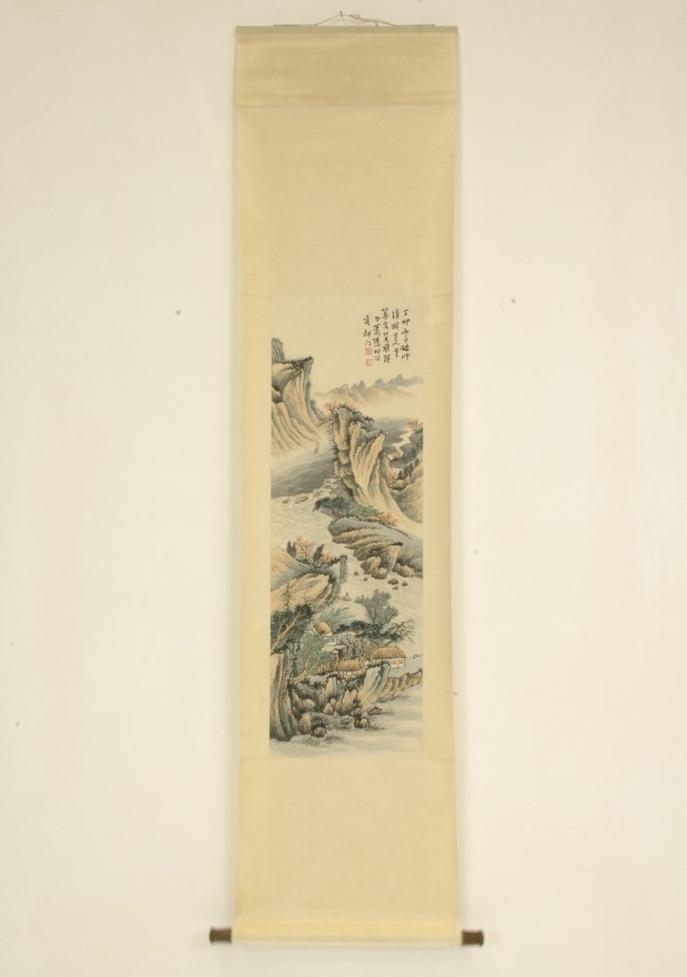 CHINESE WATERCOLOR SCROLL PAINTING OF PANORAMIC SCENE: A Chinese hand painted watercolor scroll painting, depicted 'shanshui' panoramic waterside scene of misty mountainous landscape. Showing themed poem inscription on top right corner, followed by double
