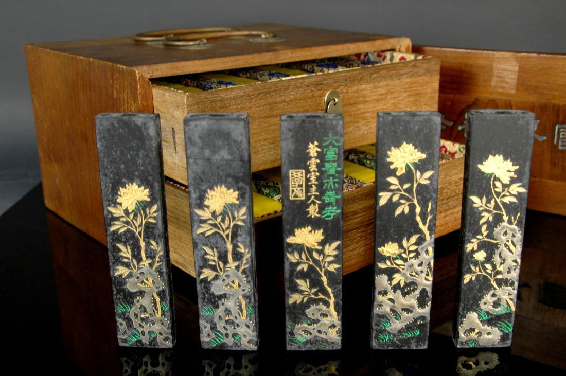 SET OF 5 PCS INK STONES W/ DOUBLE DRAWERS WOODEN BOX (1 of 7)