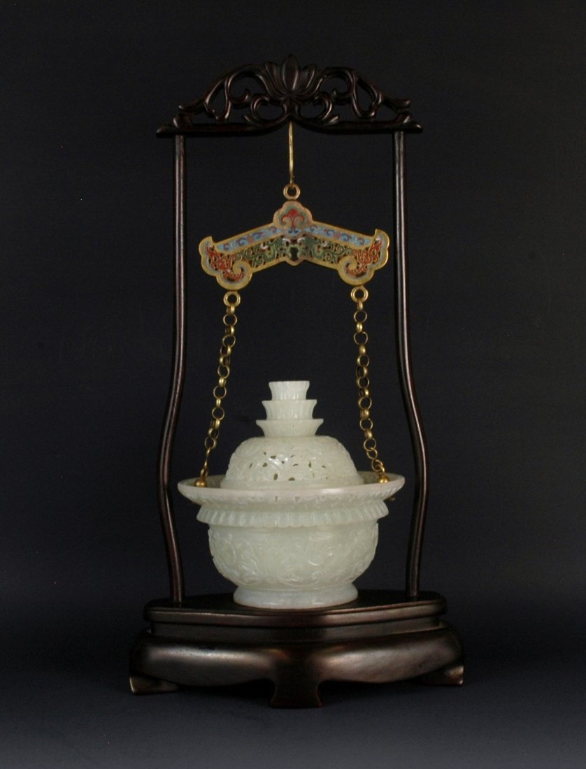 A RARE ANTIQUE CARVED WHITE JADE OF HANGING CENSER (1 of 7)