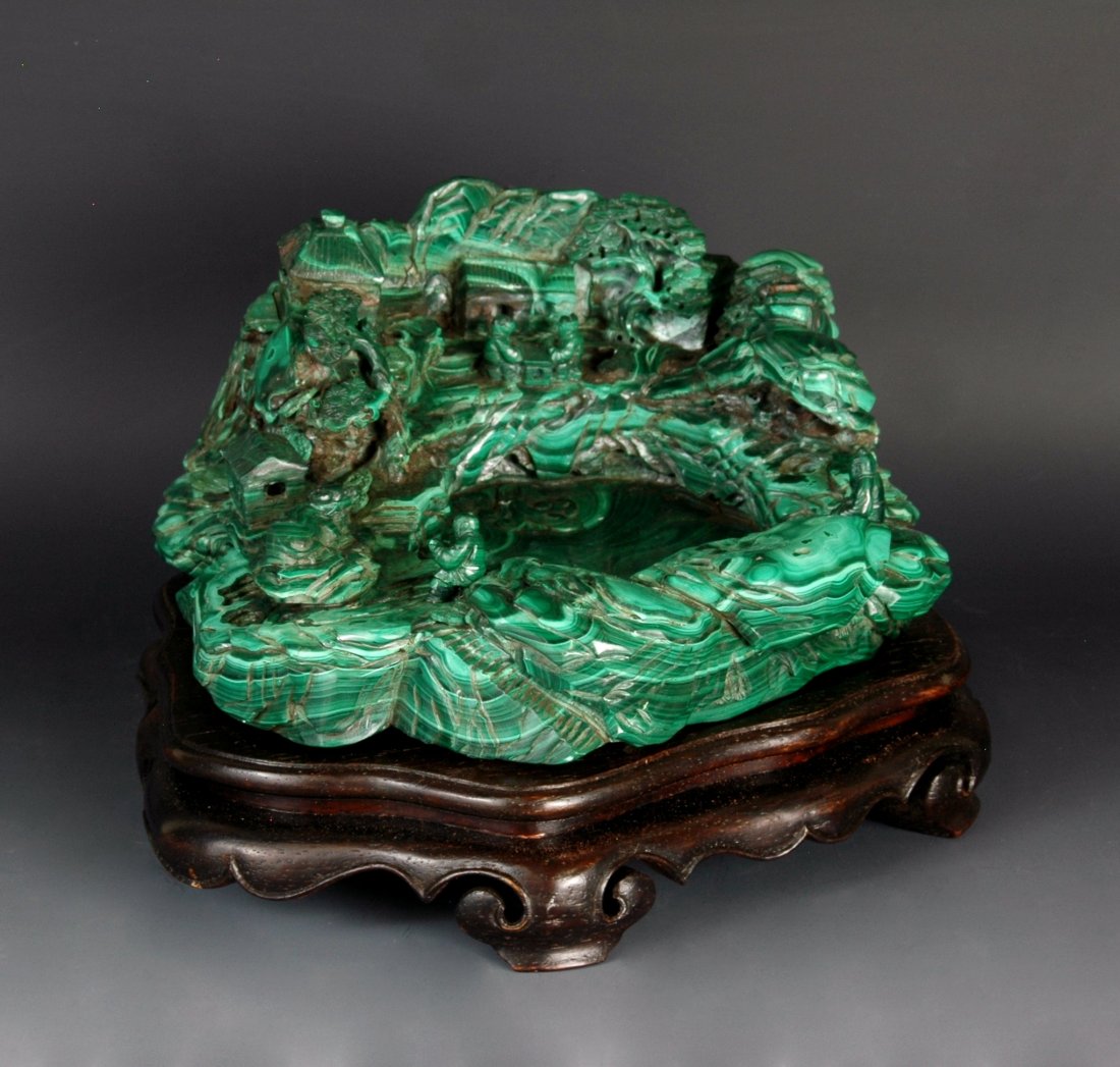 FINE CARVED MALACHITE MOUNTAIN BOULDER ON STAND (1 of 6)