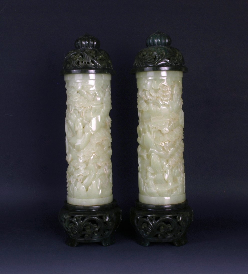 PAIR OF JADE INCENSE BURNERS WITH GREEN JADE LIDS AND (1 of 7)