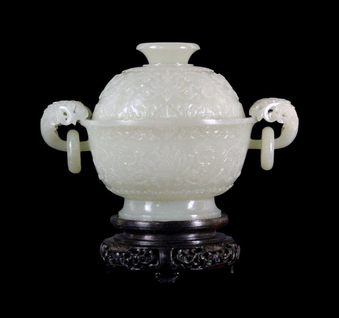 VERY FINE CARVED WHITE JADE COVERED CENSER ON STAND (1 of 7)