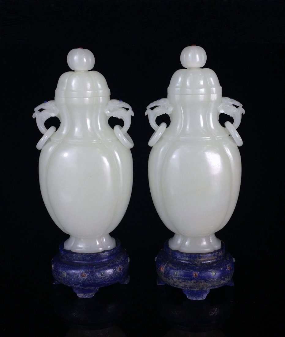 PAIR OF JADE COVERED URN ON LAPIS-LAZULI STAND (1 of 9)