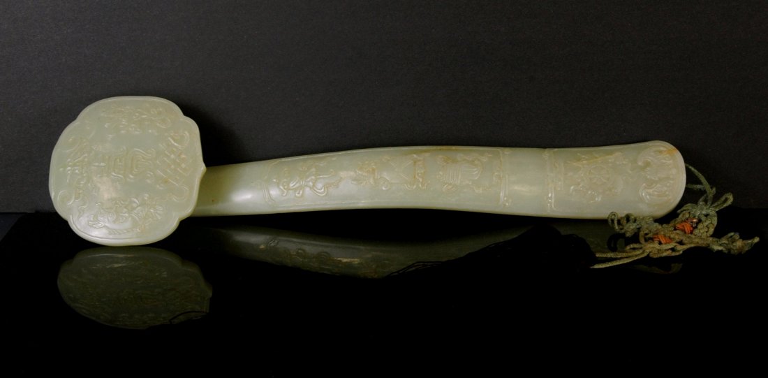 FINE CARVED WHITE JADE RUYI SCEPTER W/ BROWN TASSEL (1 of 9)
