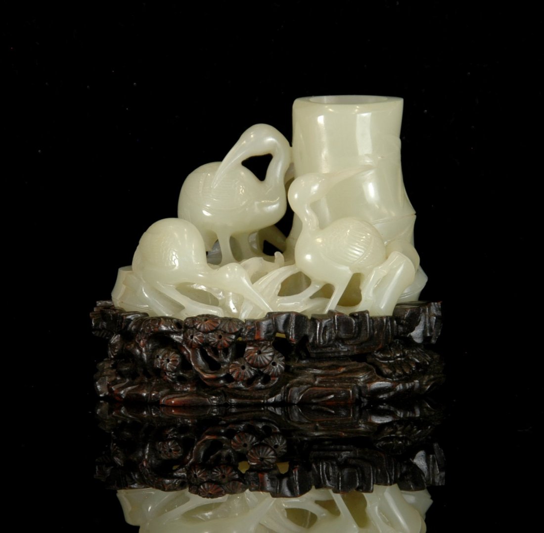 FINE CARVED WHITE JADE OF  BAMBOO AND CRANES (1 of 6)