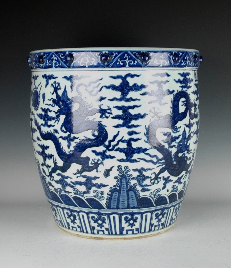 LARGE MING BLUE AND WHITE DRAGON FISH POND (1 of 10)