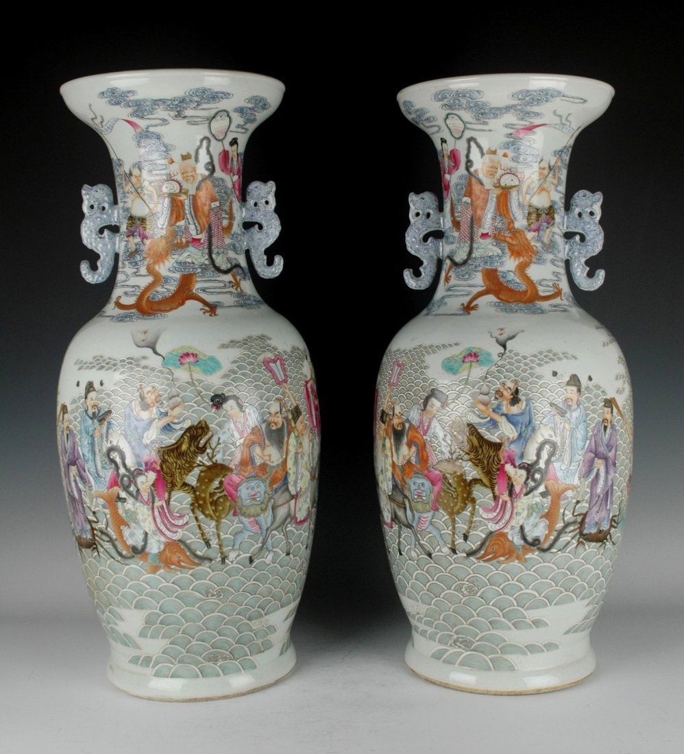 PAIR OF FAMILLE ROSE 8 IMMORTALS VASES (1 of 8)