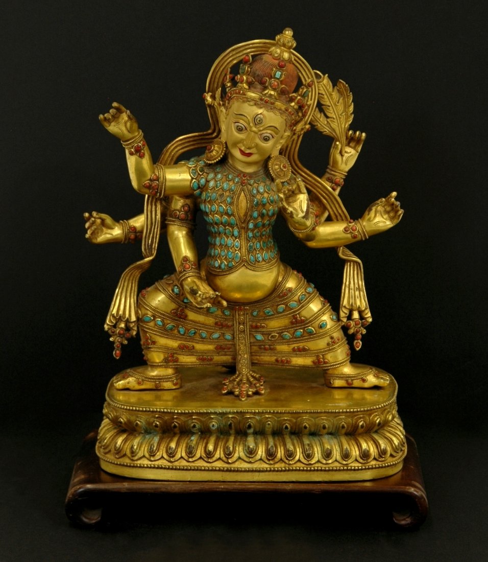 VERY FINE QING GILT & STONES INLAID MULTI ARMS BUDDHA (1 of 9)