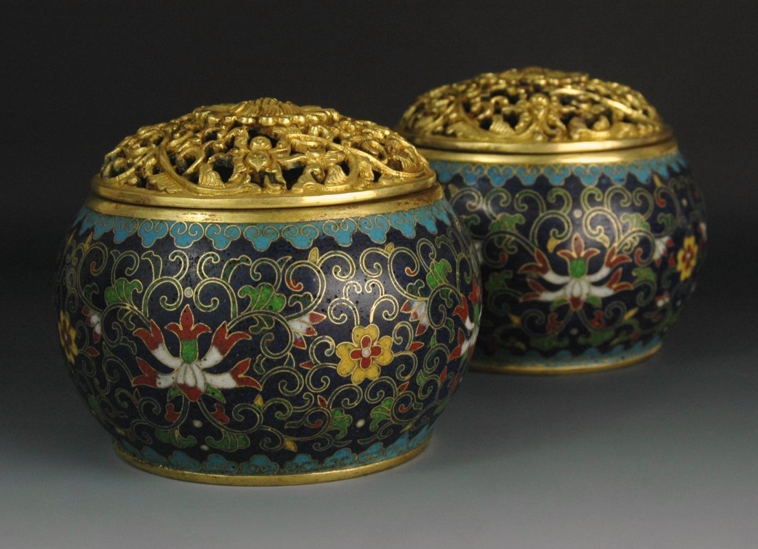 PAIR OF GILT BRONZE & CLOISONNE COVERED INCENSE BURNERS (1 of 9)