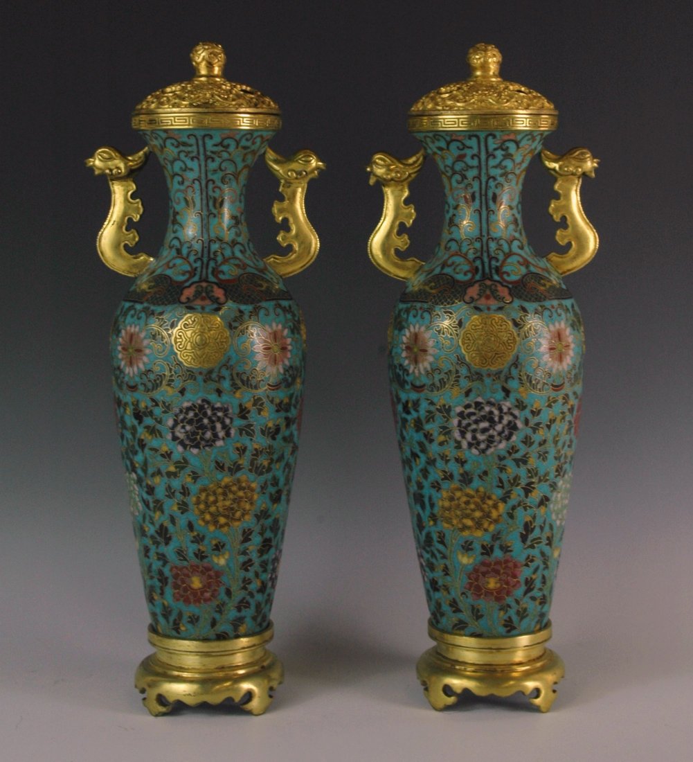 PAIR OF GILT BRONZE & CLOISONNE COVERED URNS (1 of 9)