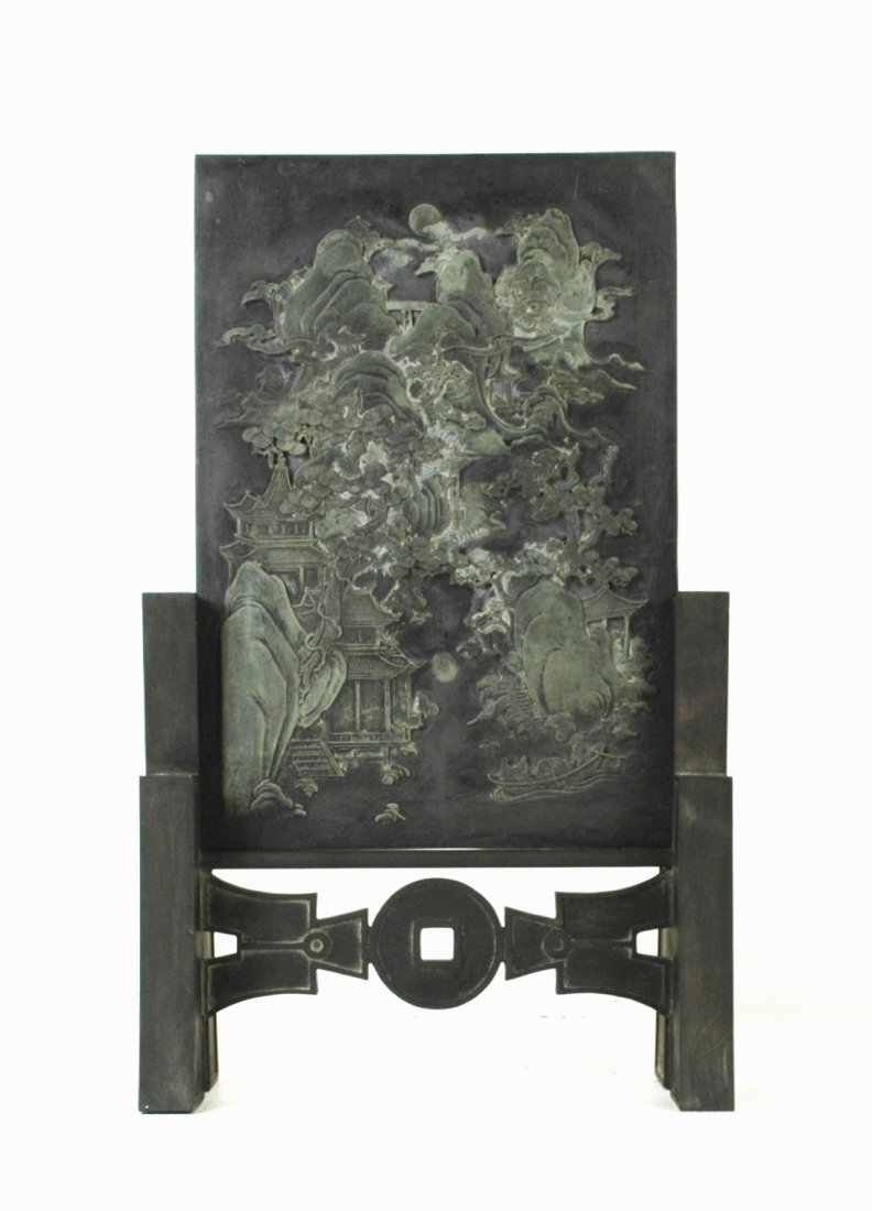 A LARGE INK STONE PANORAMIC TABLE SCREEN (1 of 5)