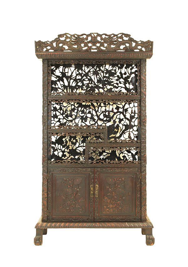 CARVED CHINESE EBONY HARDWOOD CURIO CABINET (1 of 7)
