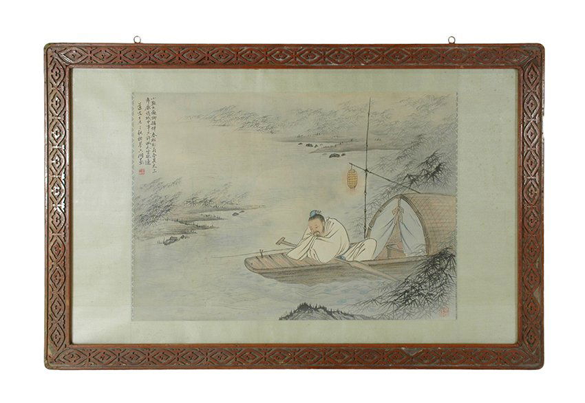 FRAMED WATERCOLOR PAINTING OF SCHOLAR seated ON BOAT (1 of 7)