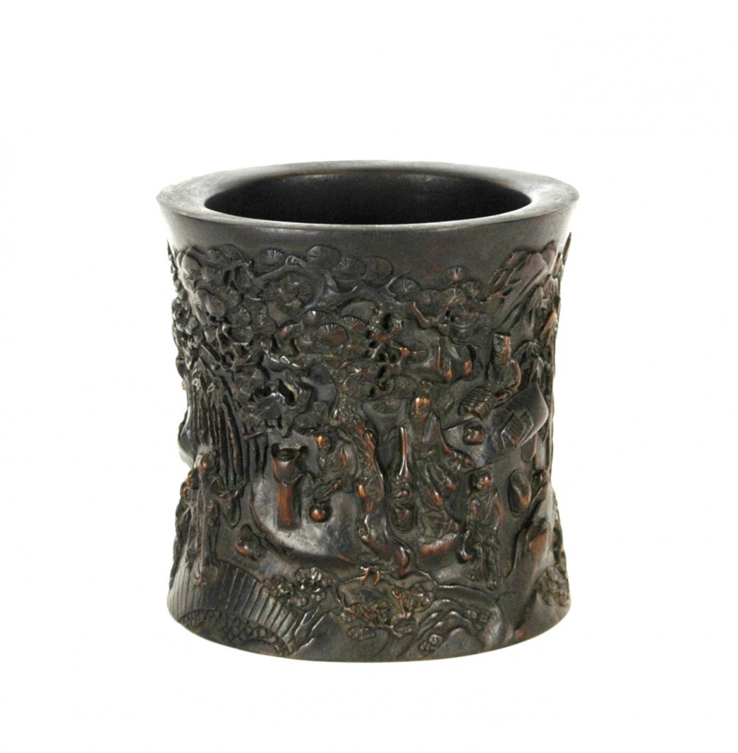 CARVED SCHOLAR IN BAMBOO FOREST ZITAN BRUSH POT (1 of 6)