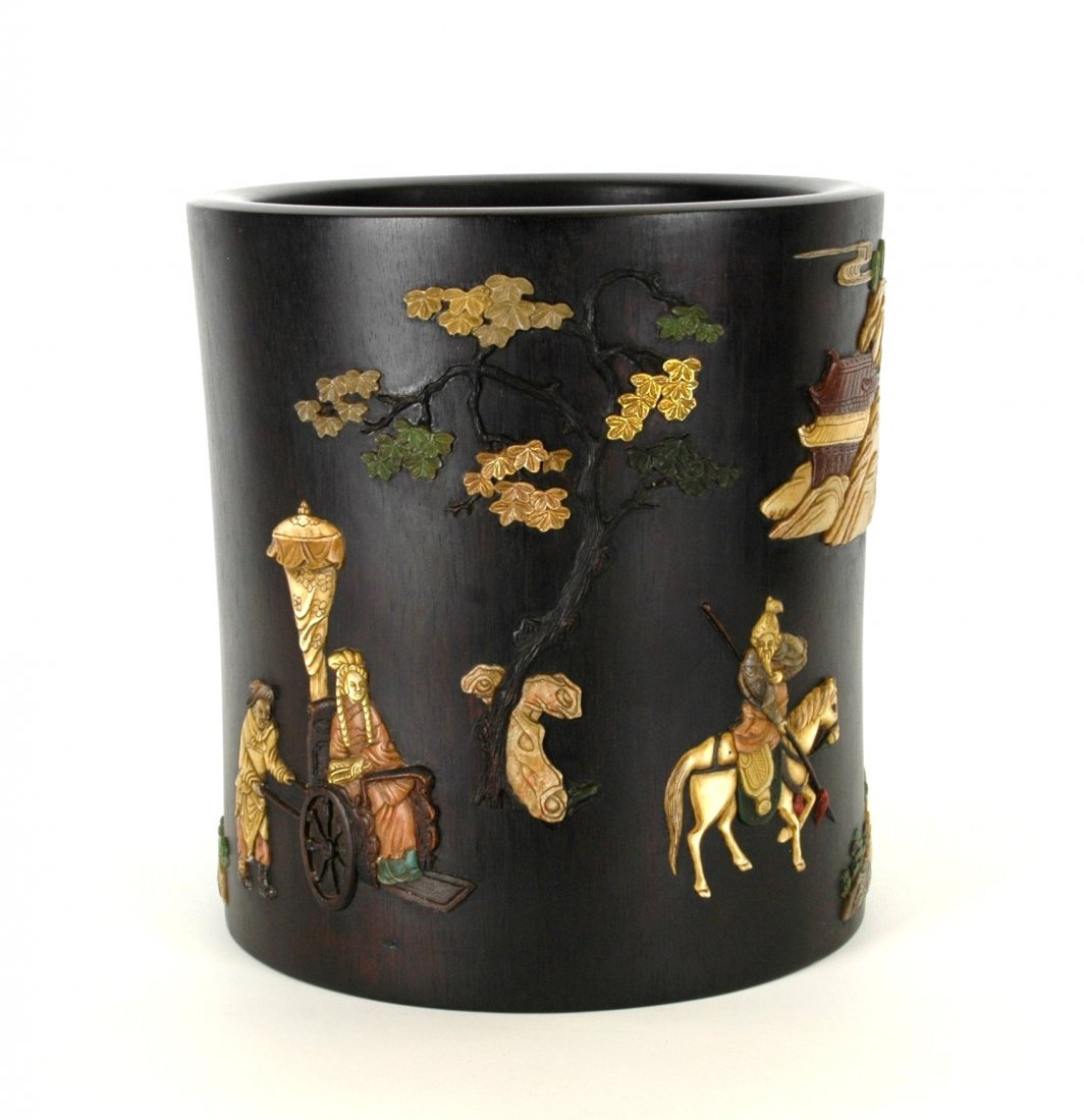 LARGE CARVED ZITAN & HARD STONES INLAID BRUSH POT (1 of 10)