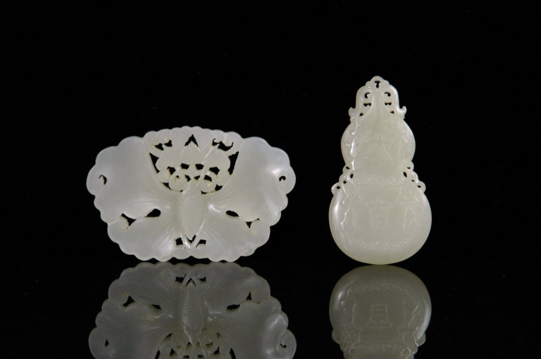 PAIR OF BUTTERFLY & DOUBLE GOURD WHITE JADE PENDANTS (1 of 4)