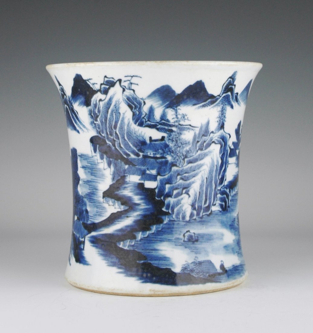 KANGXI BLUE AND WHITE LANDSCAPE SCENERY BRUSH POT (1 of 10)