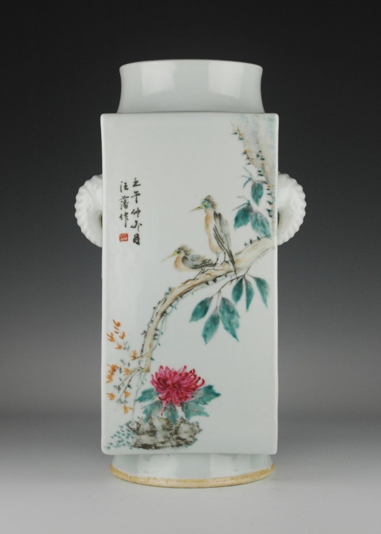 20TH C FAMILLE ROSE SQUARE VASE (1 of 8)