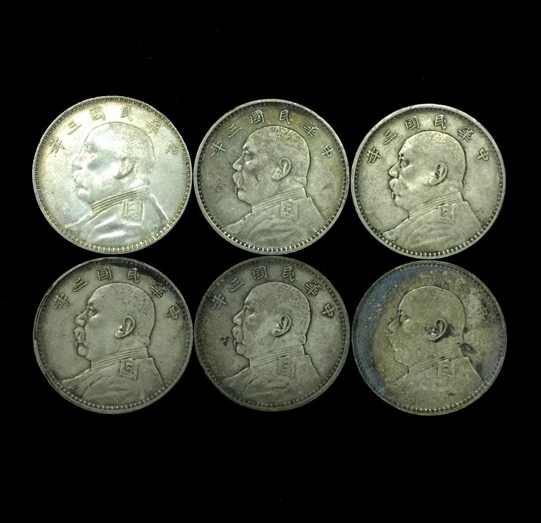 6 CHINESE SILVER DOLLAR COINS, REP. 3 (1914) (1 of 2)