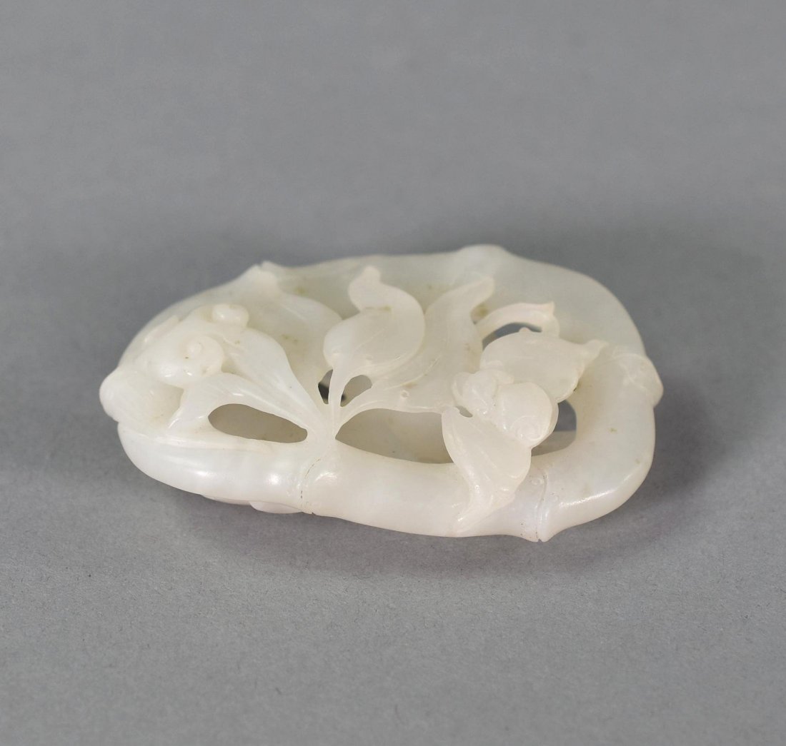 CARVED WHITE JADE PLAQUE OF FLORAL MOTIFS ON BAMBOO (1 of 9)