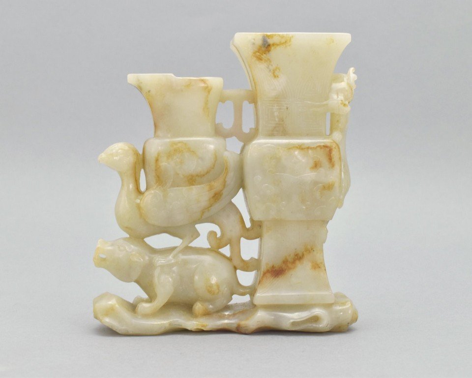 CARVED JADE OF DOUBLE VASE UPON PHOENIX AND DOG (1 of 10)