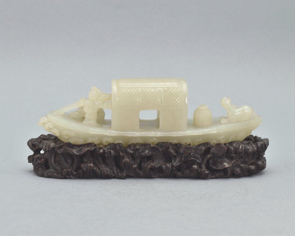 CARVED WHITE JADE IN SHAPE OF FIGURES ON BOAT (1 of 10)