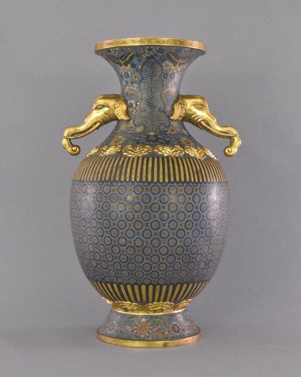 LARGE GILT BRONZE & CLOISONNE VASE, QIANLONG MARK (1 of 10)