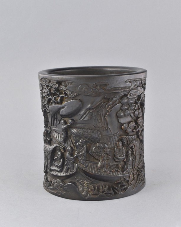 LARGE CARVED FIGURES & BOAT  ZITAN BRUSH POT (1 of 8)