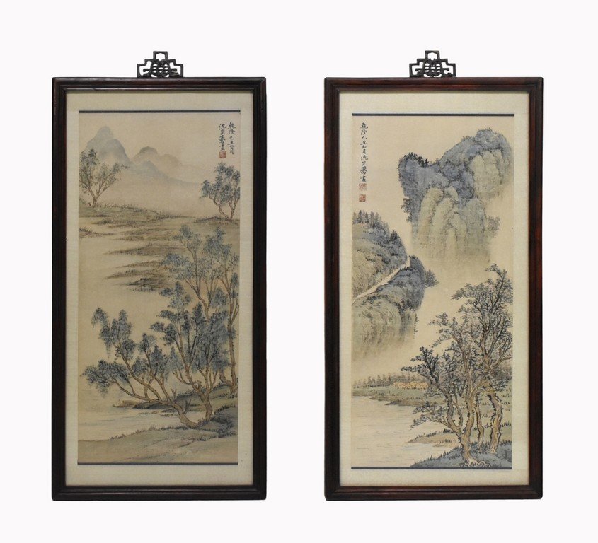 PAIR OF FRAMED CHINESE WATERCOLOR SHANSHUI PAINTINGS (1 of 10)