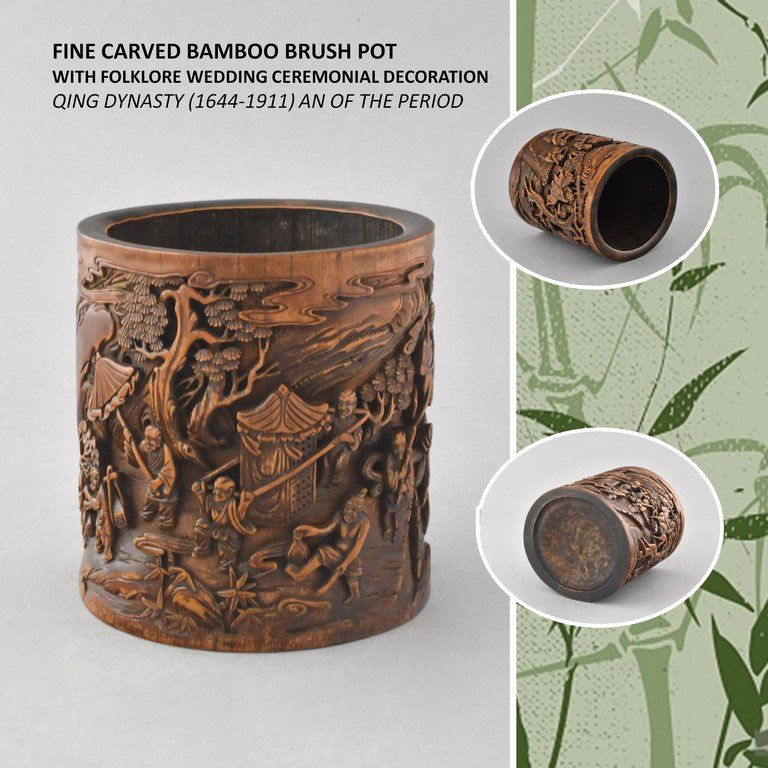 BAMBOO BRUSH POT WITH SAGES IN THE FOREST CARVING (1 of 10)