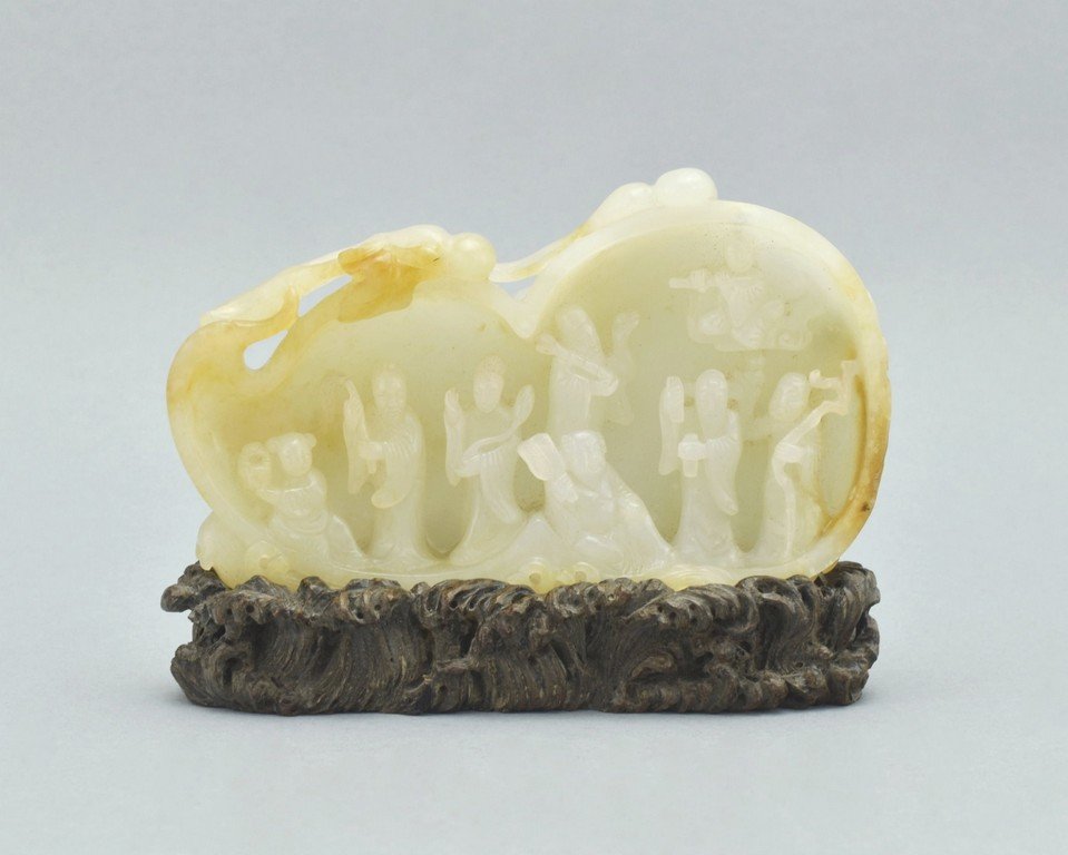 EIGHT IMMORTALS DOUBLE GOURD CARVED JADE ON STAND (1 of 10)