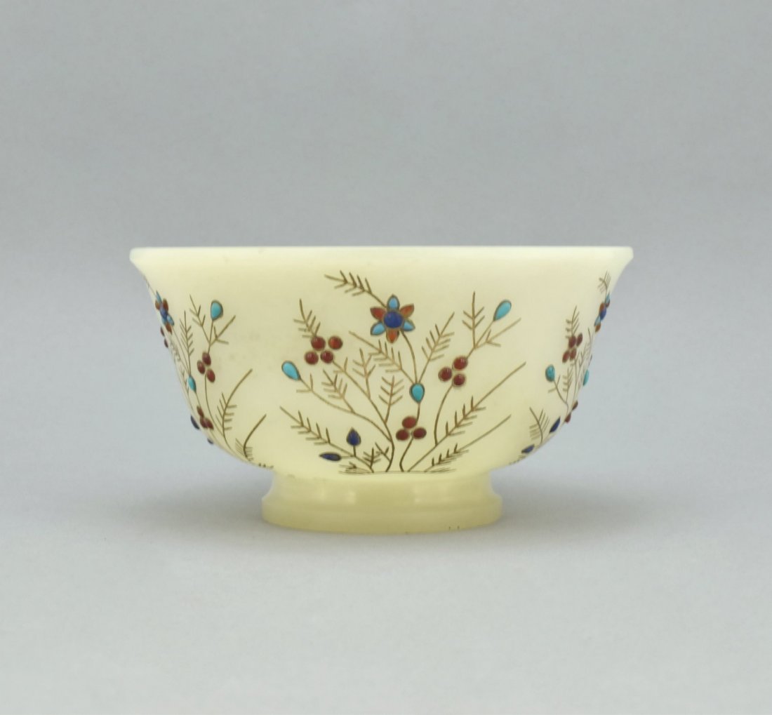 SEMI-PRECIOUS STONES INLAID CARVED WHITE JADE BOWL (1 of 8)