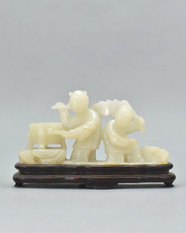 CARVED JADE OF TWO CHILDREN WITH DRUM AND FLAG (1 of 9)