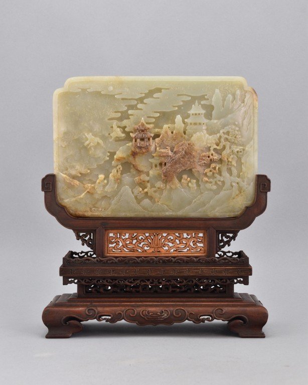 FINE PANORAMIC CARVED WHITE JADE RECTANGULAR TABLE (1 of 8)