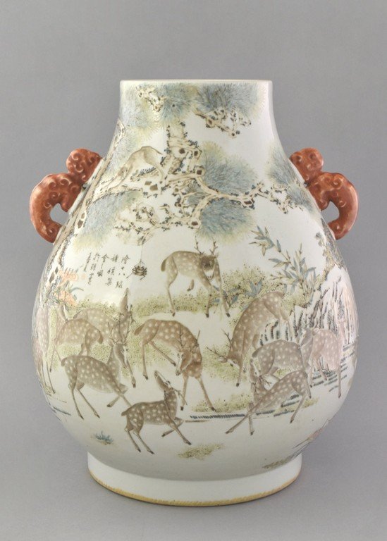 A LARGE HUNDRED DEER JUN VASE W/ RED CHILONG EARS (1 of 10)