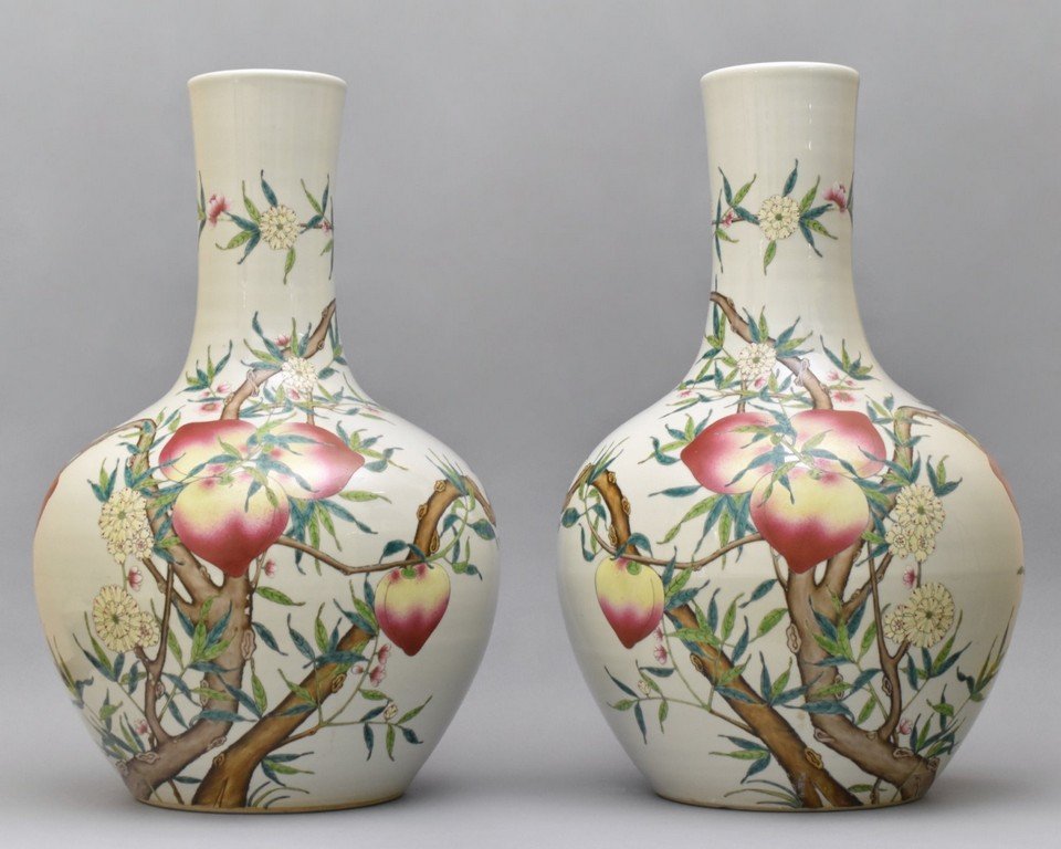 PAIR OF MASSIVE CELESTIAL VASES WITH PEACHES DECORATION (1 of 9)