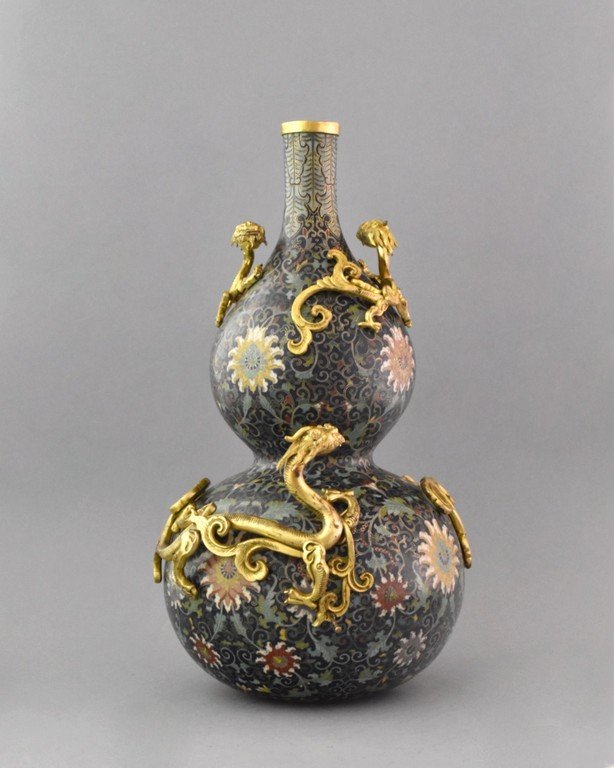 CLOISONNE DOUBLE GOURD VASE W/ GILT BRONZE ENCIRCLING (1 of 10)