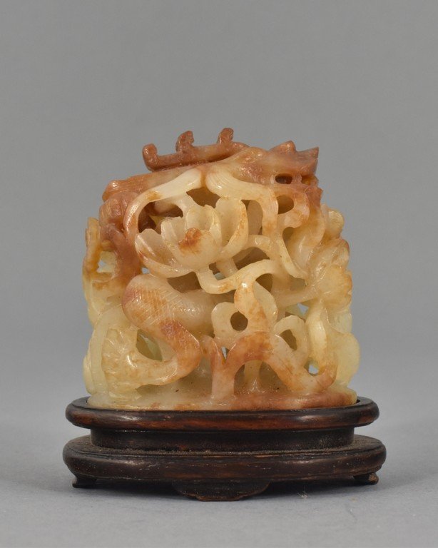 DRAGON AMONG LOTUS TENDRILS JADE KNOB ON STAND (1 of 8)