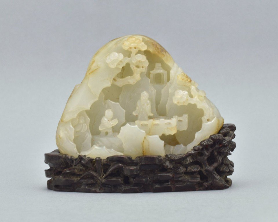 CARVED JADE MOUNTAIN BOULDER ON STAND (1 of 10)