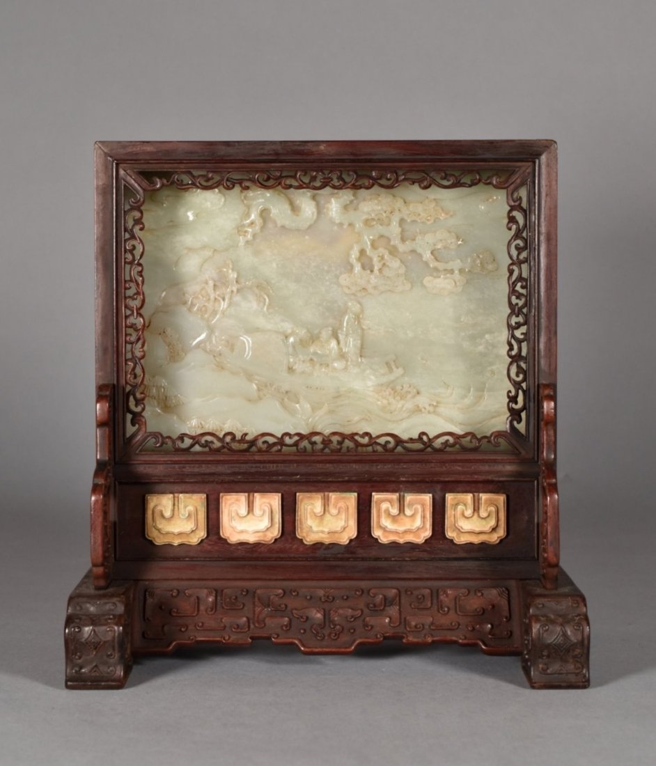 VERY FINE CARVED WHITE JADE TABLE SCREEN W/ ZITAN FRAME (1 of 9)
