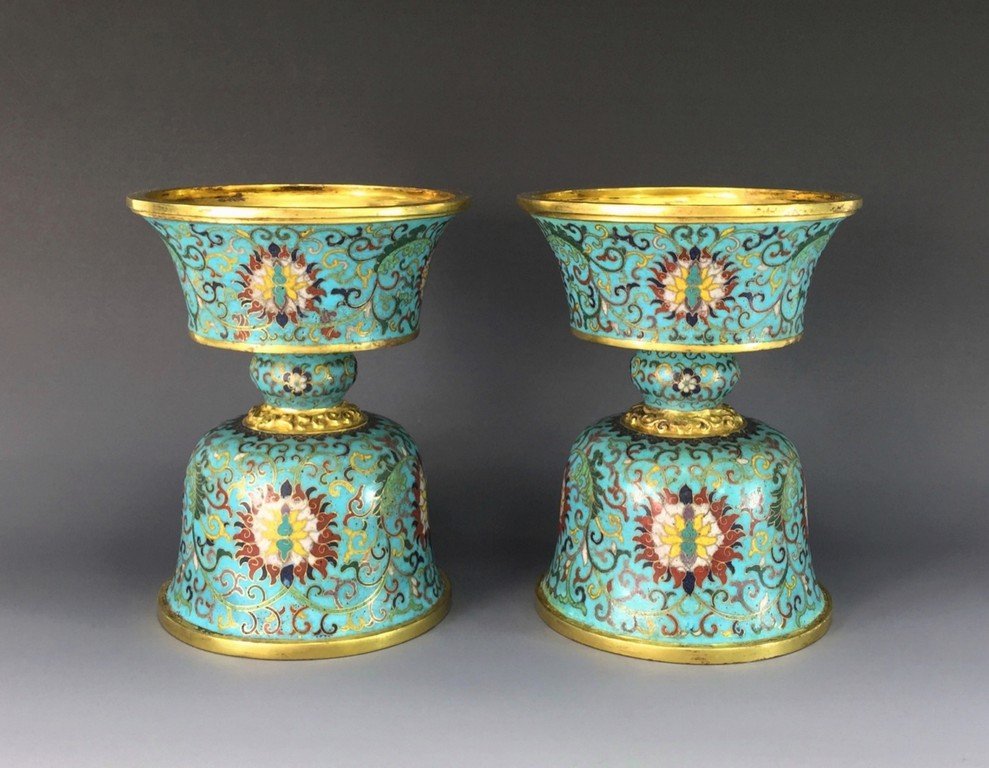 PAIR OF CLOISONNE HIGH STEM BOWLS (1 of 6)