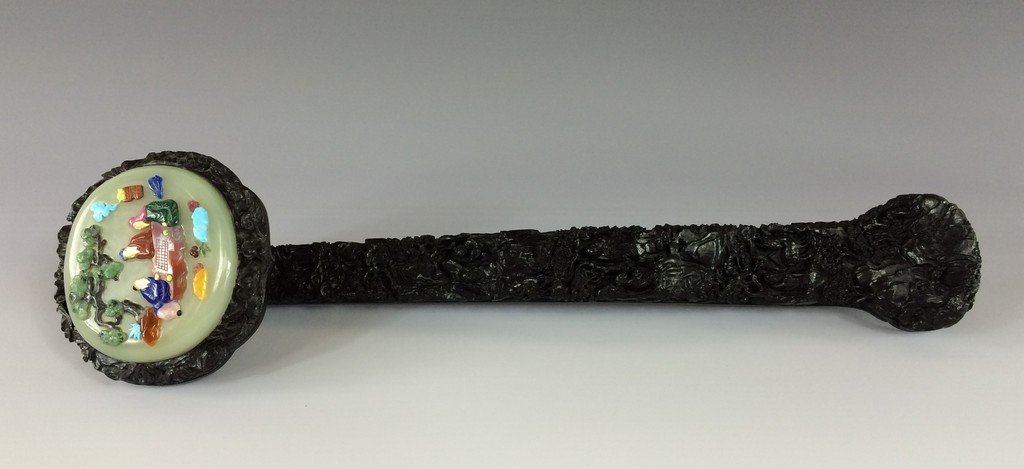 A FINE CARVED WHITE JADE INLAID ZITAN RUYI SCEPTER (1 of 10)