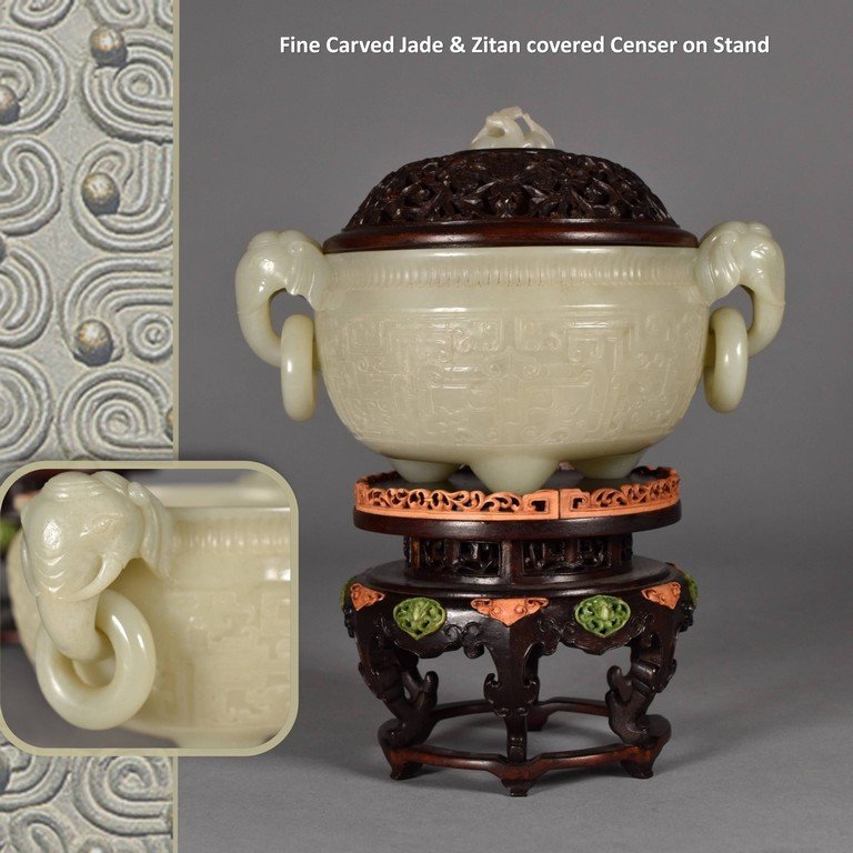 A FINE CARVED WHITE JADE COVERED CENSER ON STAND (1 of 10)