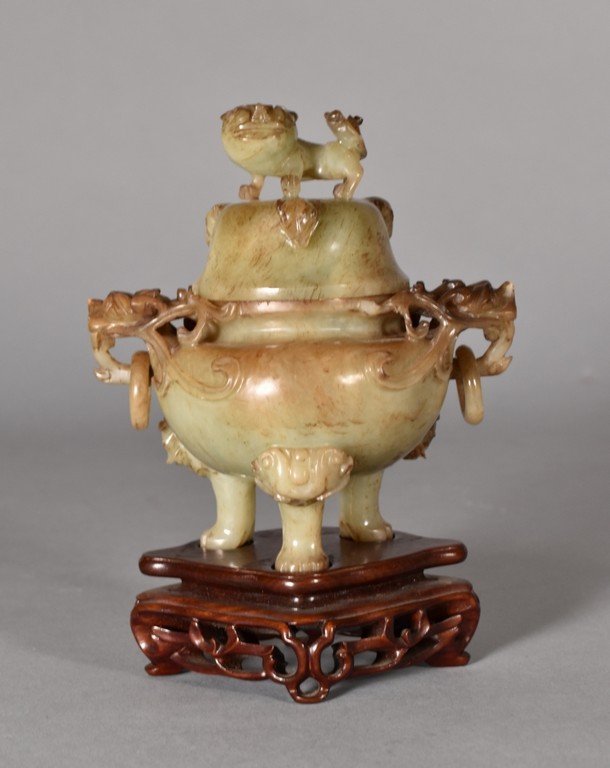 A MAGNIFICENT CARVED JADE COVERED TRIPOD CENSER (1 of 10)