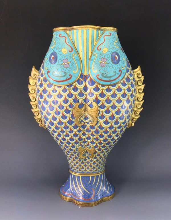 RARE GILT CLOISONNE DOUBLE CARPS VASE (1 of 10)