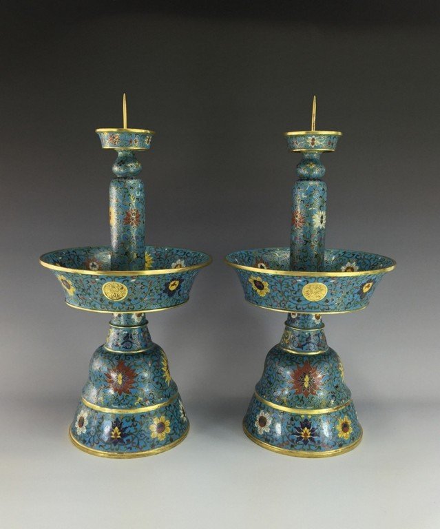 PAIR OF 18TH C CLOISONNE CANDLE HOLDERS (1 of 10)