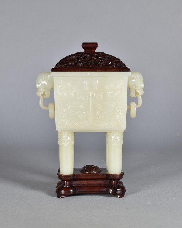 EXTRAORDINARY CARVED WHITE JADE COVERED CENSER W/ STAND (1 of 8)