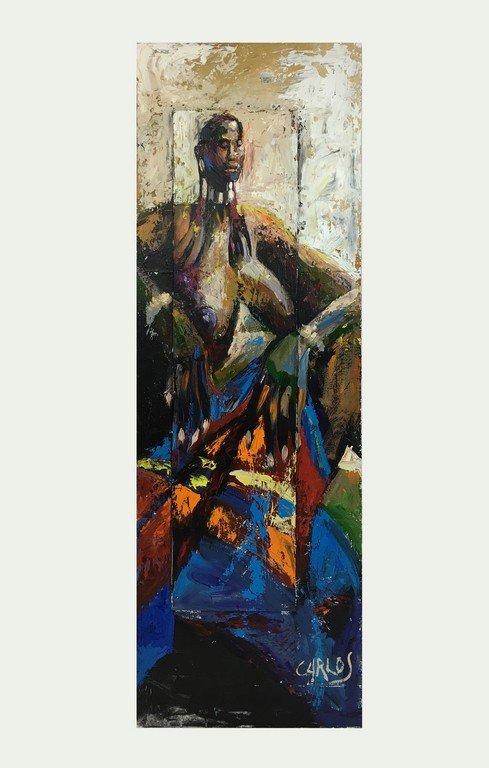 "IN MANY COLORS": Artist: CHARLY PALMER (b.1960); Title: "IN MANY COLORS"; Mixed media painting by Charly Palmer of a nude African woman. Signed “Carlos.” ACRYLIC, Dimension: 48X24” Inventory# BA-5