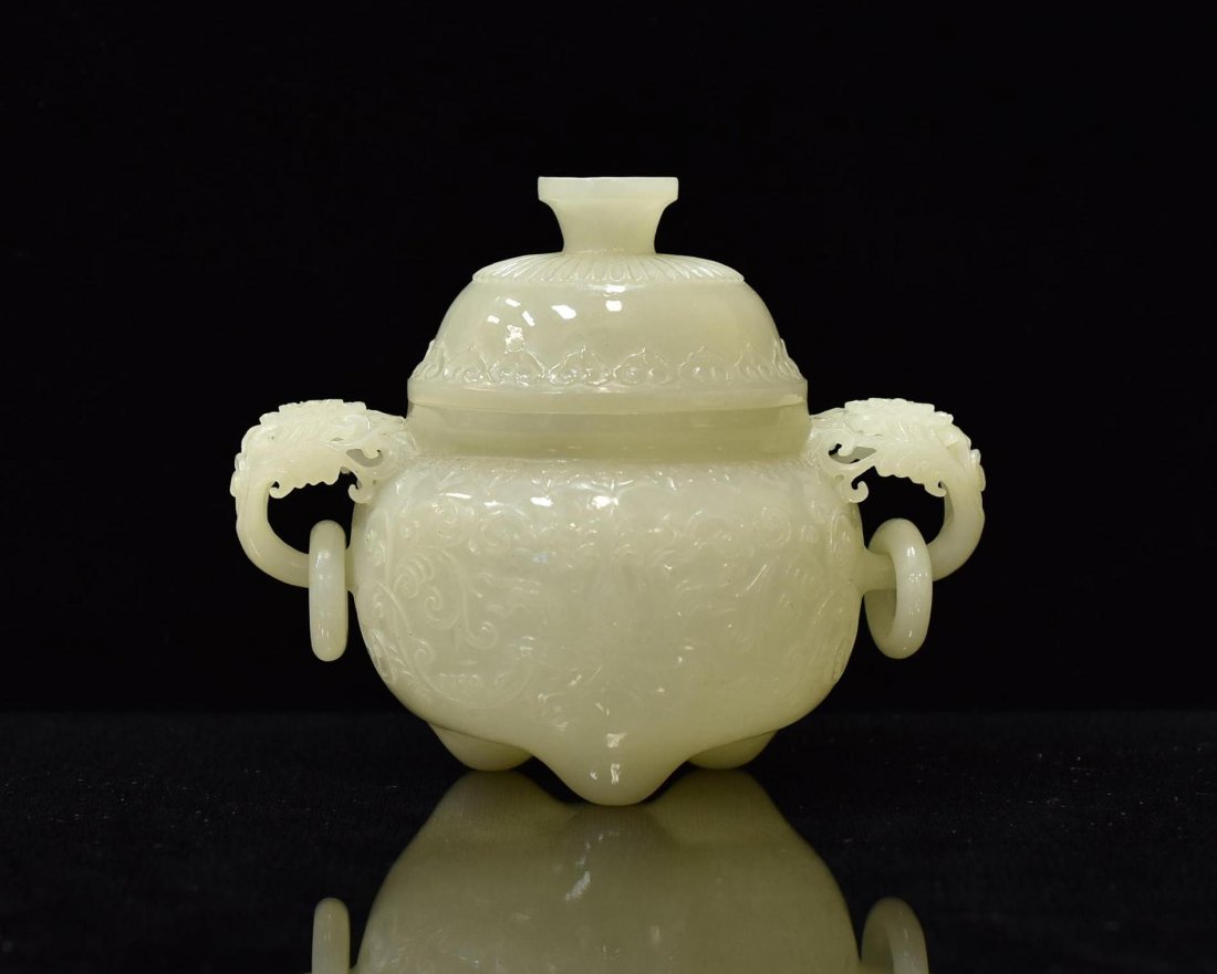 FINE CARVED WHITE JADE COVERED TRIPOD CENSER (1 of 8)