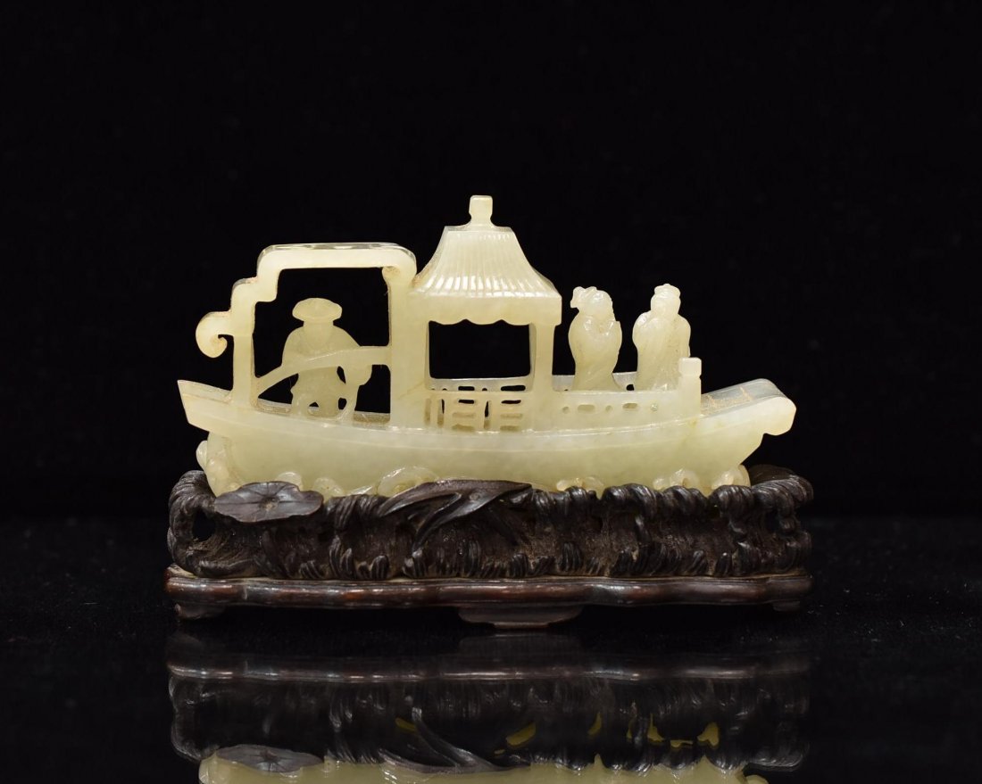 CHINESE CARVED WHITE JADE OF BOAT, 19TH C. (1 of 8)
